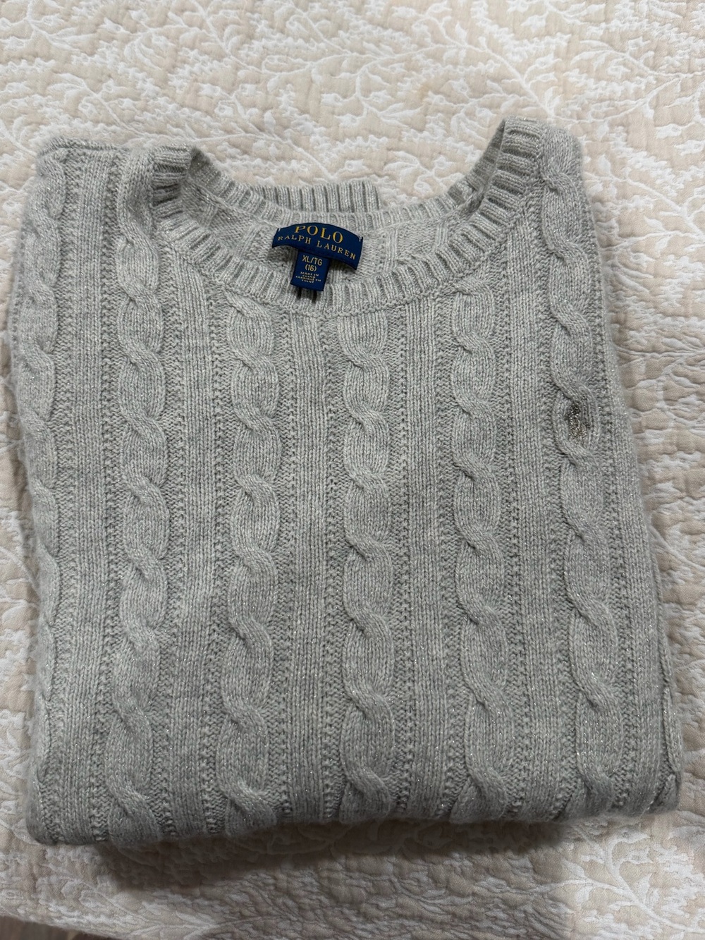 Polo by Ralph Lauren Light Gray Cable Knit Crewneck Sweater Wool Blend Gold Euc - Picture 1 of 6
